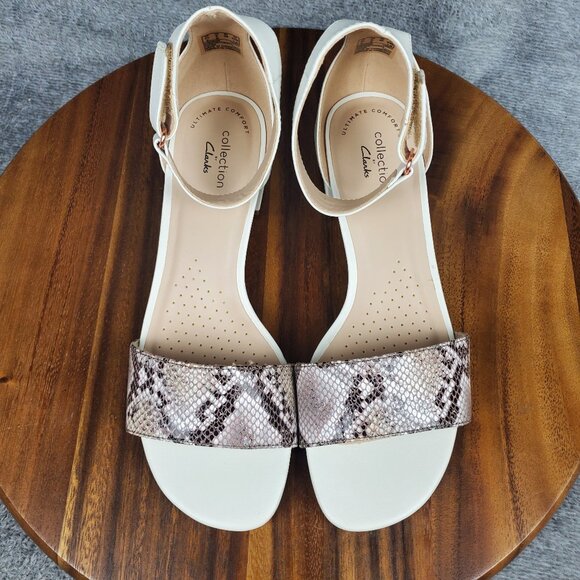 Clarks Sandals Women's 8 M White Leather Ankle Strap Block Heel Snake Print - Picture 7 of 10